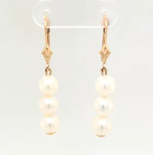 14KY AAA Freshwater Triple Dangle Pearl Earrings with Lever-Backs