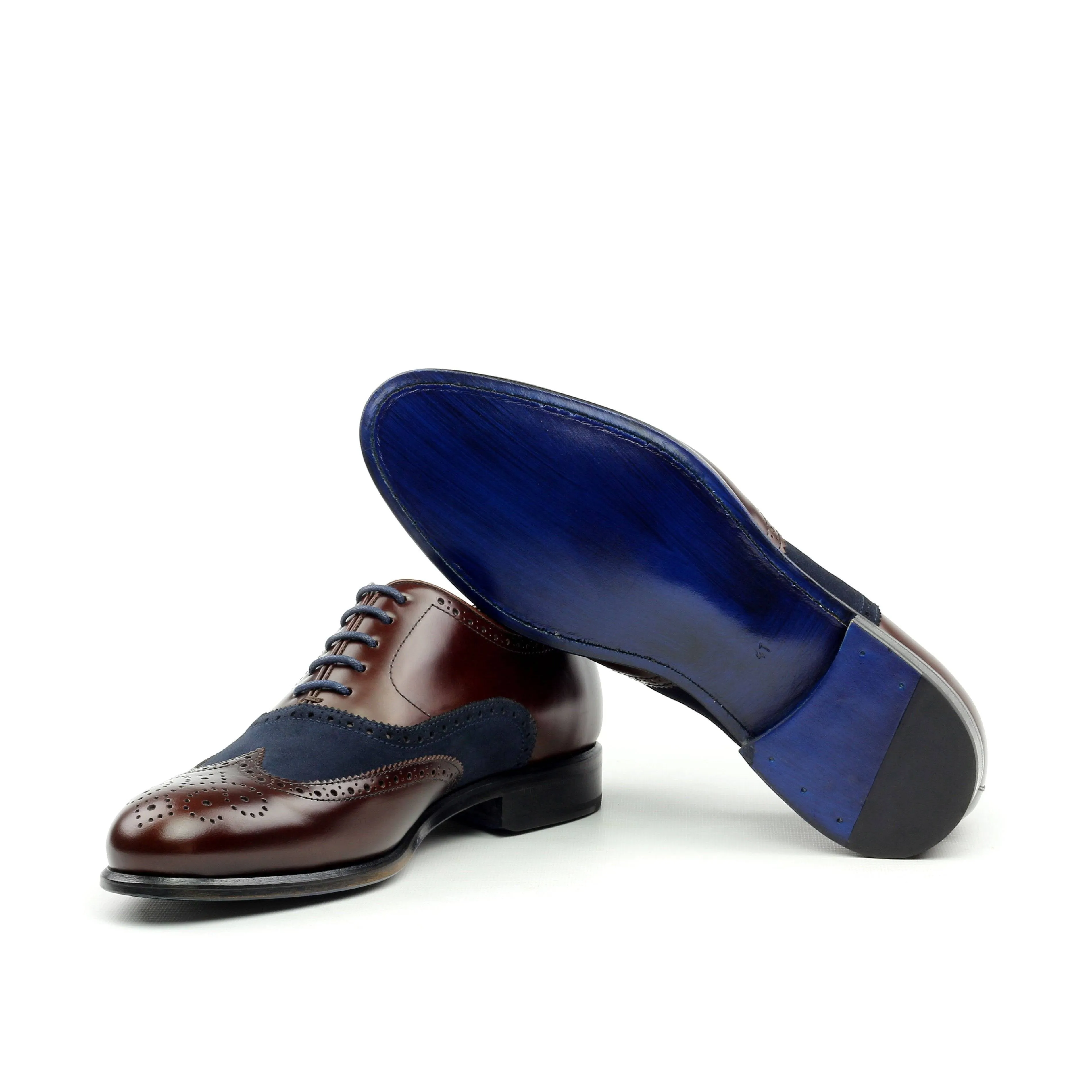 Azul -  Coffee Brown Wingtip Oxford. full Brogue, Blue Suede Highlights and blue bottom sole