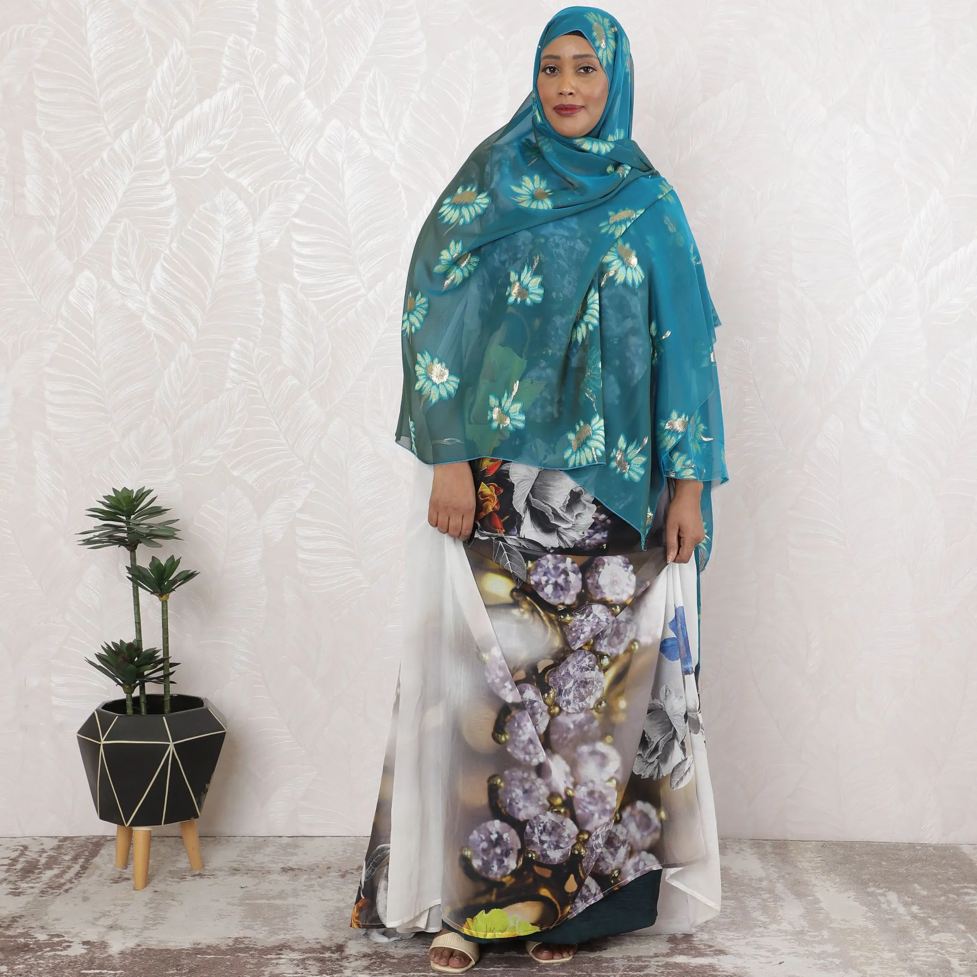 Azure Floral Glisten Silk Chiffon Garbasaar Fabric, 110 cm Wide – South Korean Luxury Weave- Piece of 2.0 Mtrs-D18673