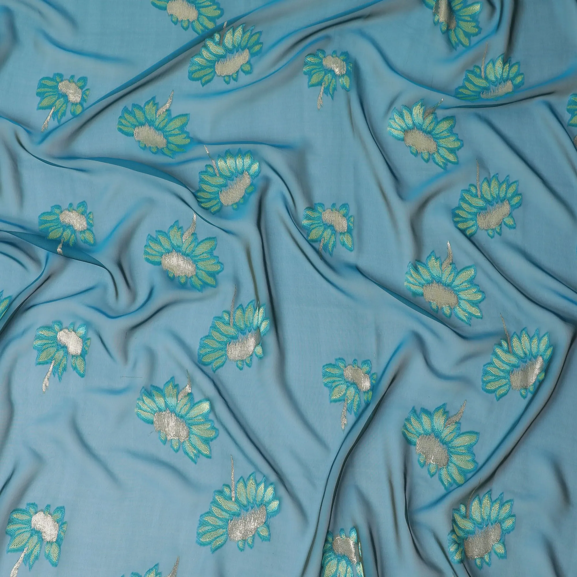 Azure Floral Glisten Silk Chiffon Garbasaar Fabric, 110 cm Wide – South Korean Luxury Weave- Piece of 2.0 Mtrs-D18673