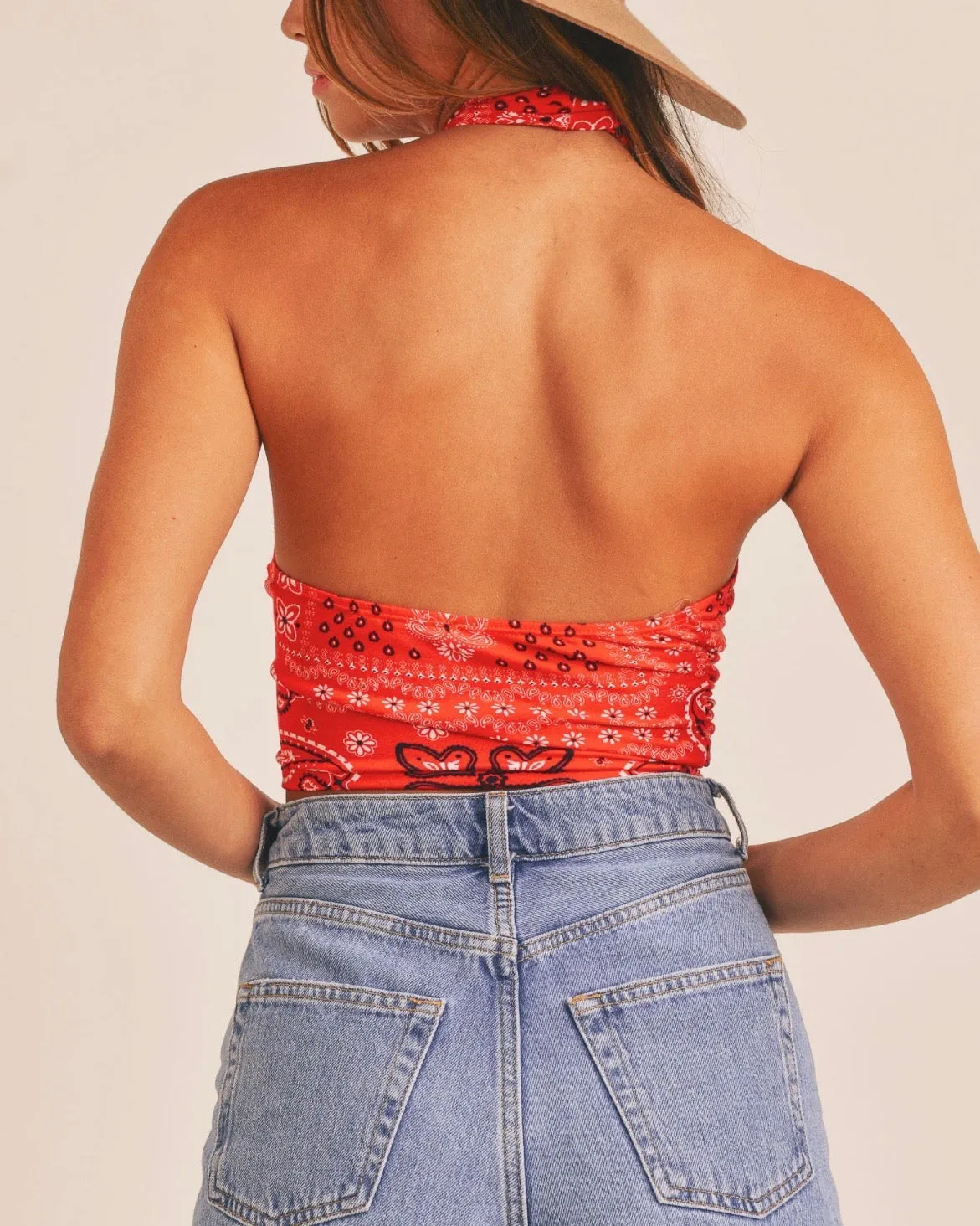 Bailey Bandana Print Halter Neck Knot Crop Top in Red