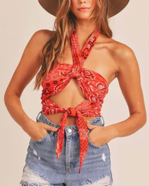 Bailey Bandana Print Halter Neck Knot Crop Top in Red