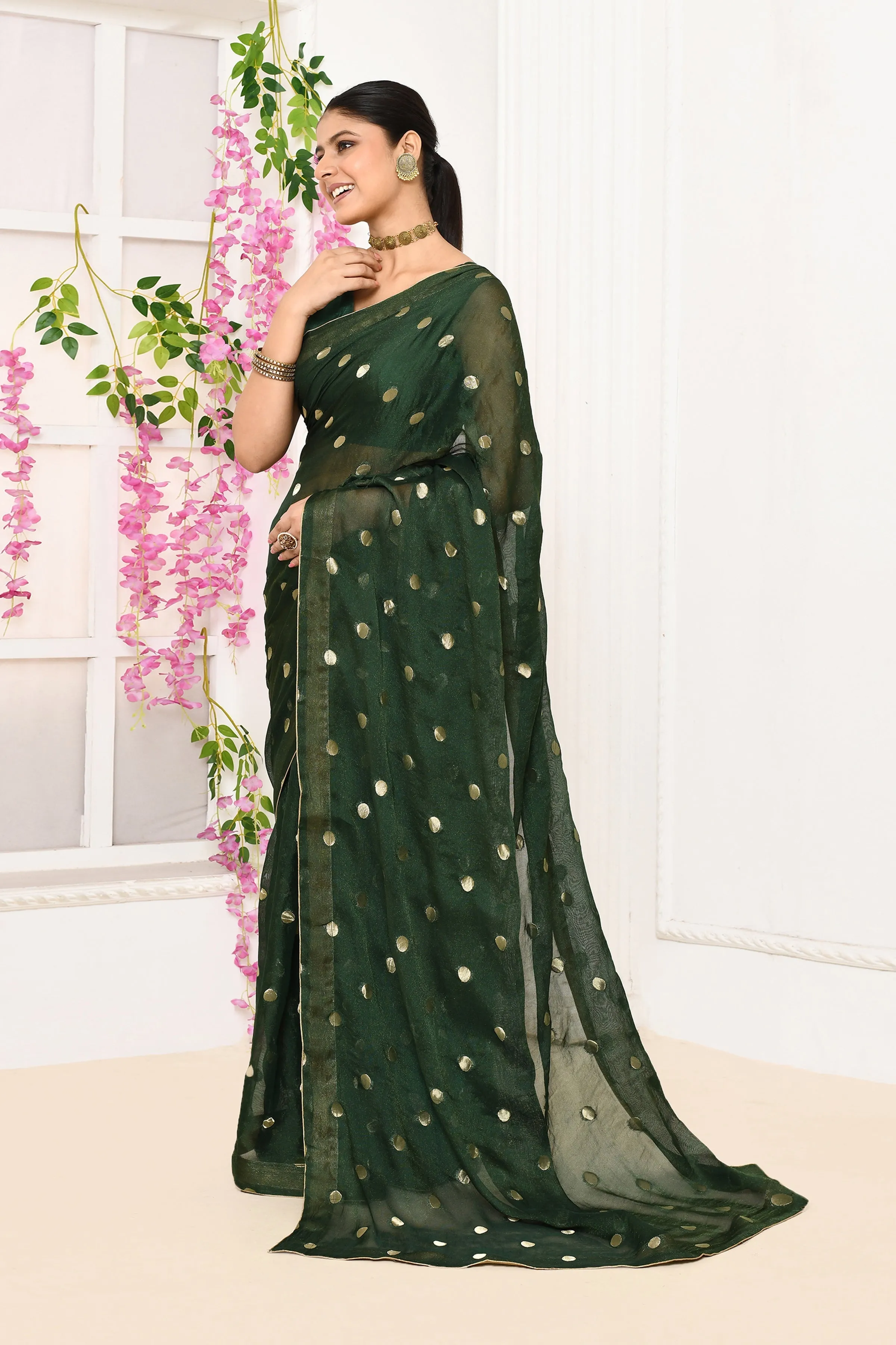 Bottle Green Chiffon Tissue Saree With Golden Polka Dots