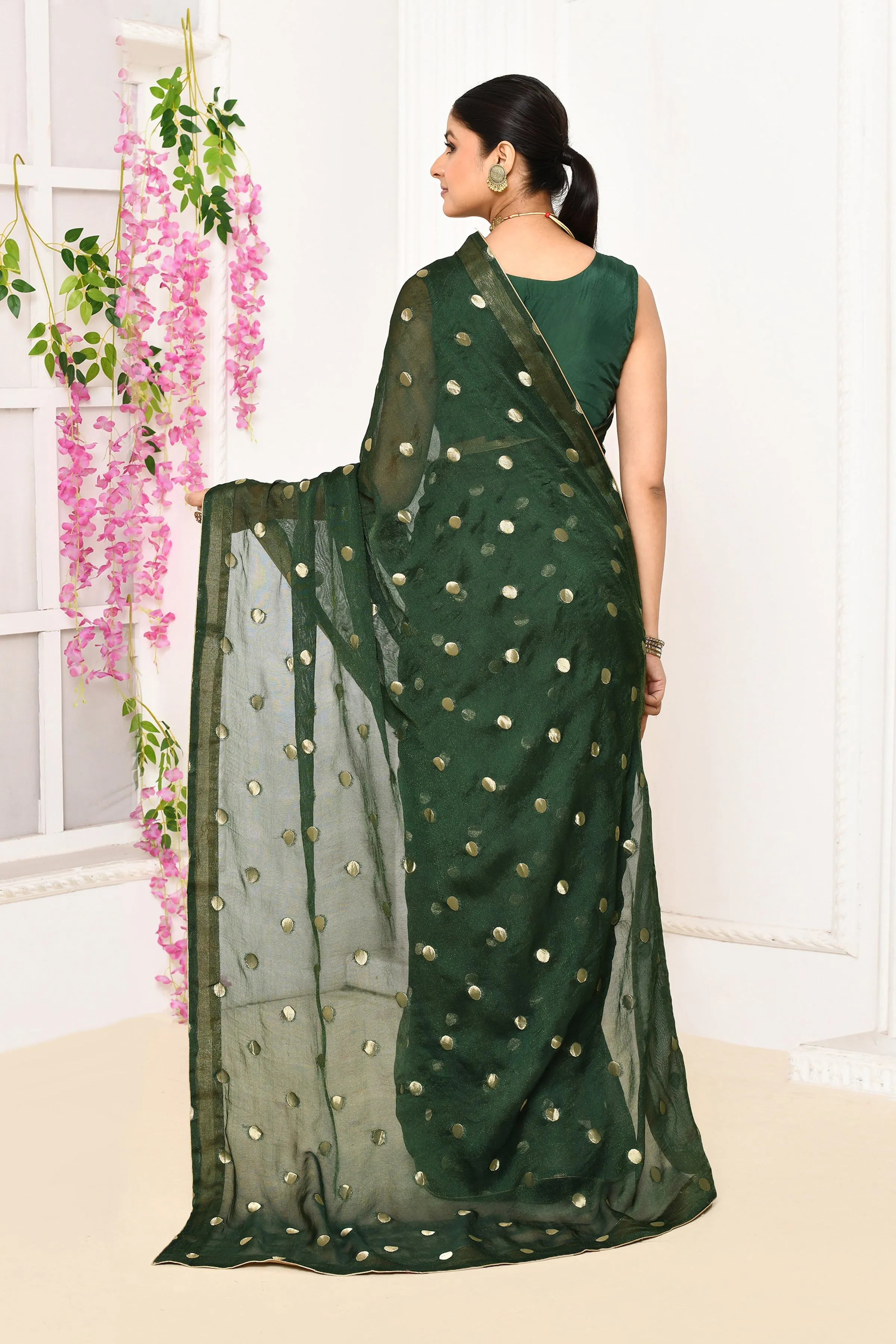 Bottle Green Chiffon Tissue Saree With Golden Polka Dots