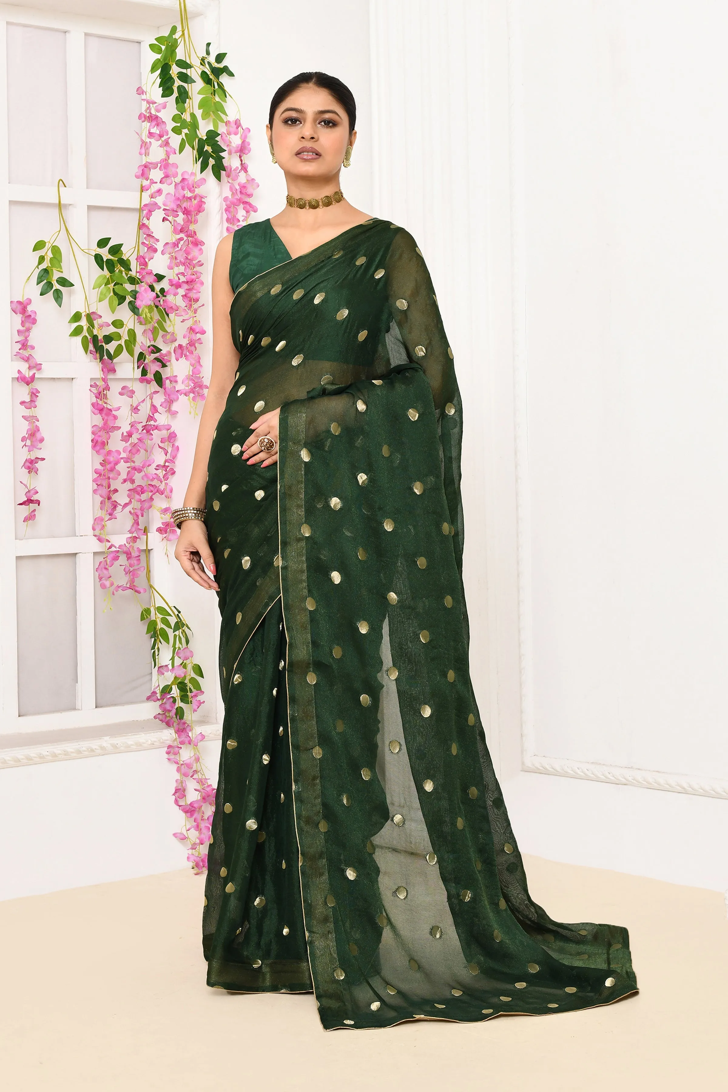 Bottle Green Chiffon Tissue Saree With Golden Polka Dots