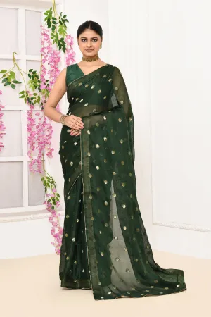 Bottle Green Chiffon Tissue Saree With Golden Polka Dots