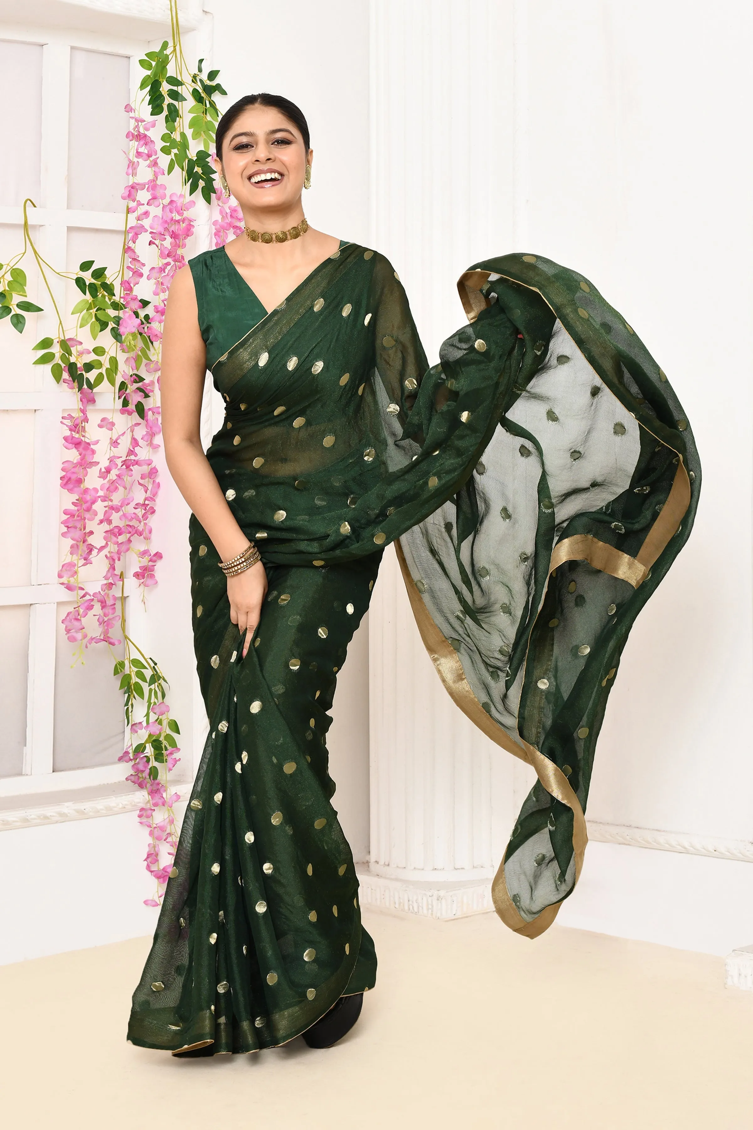 Bottle Green Chiffon Tissue Saree With Golden Polka Dots
