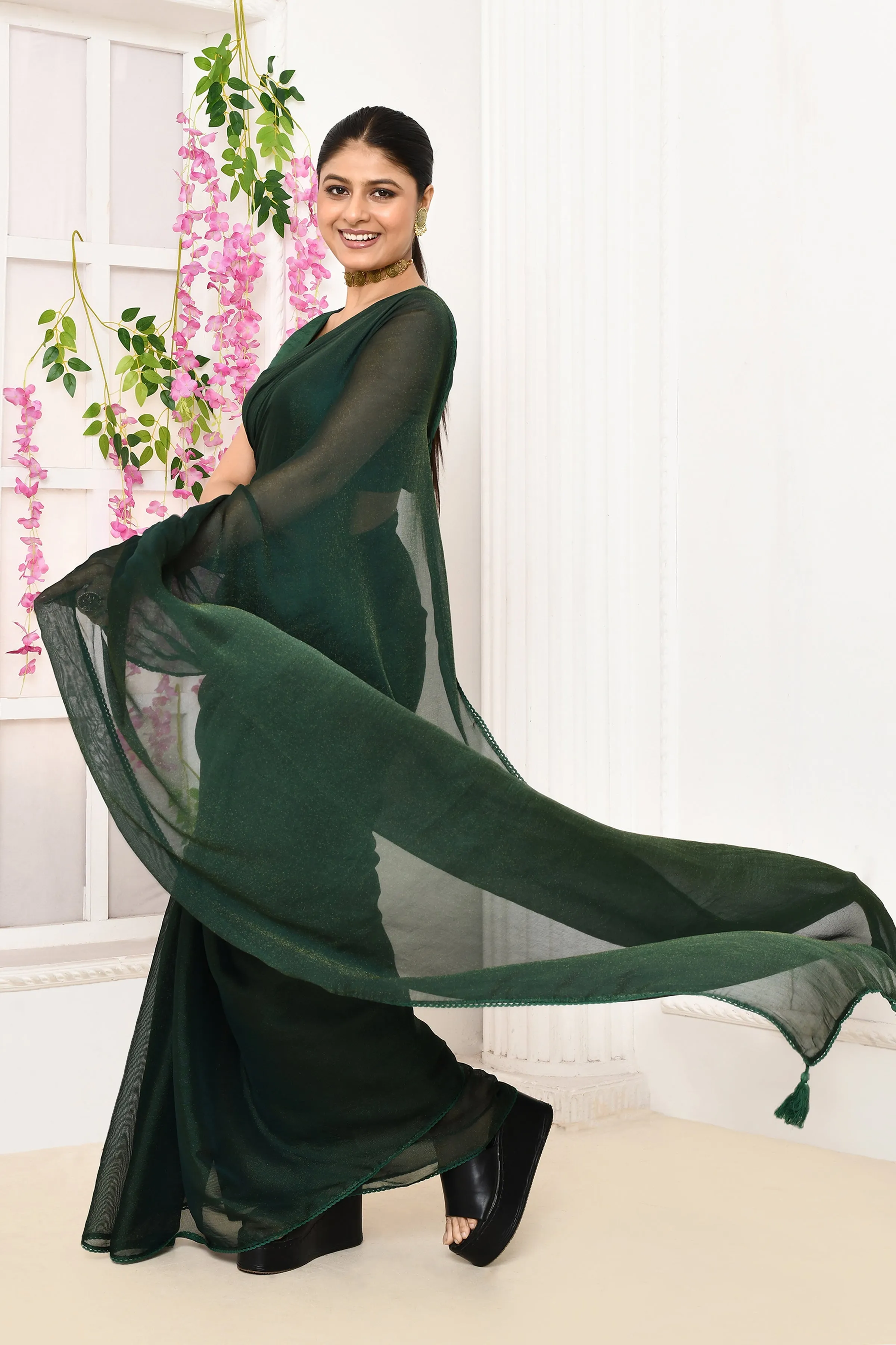 Bottle Green Plain Chiffon Tissue Saree