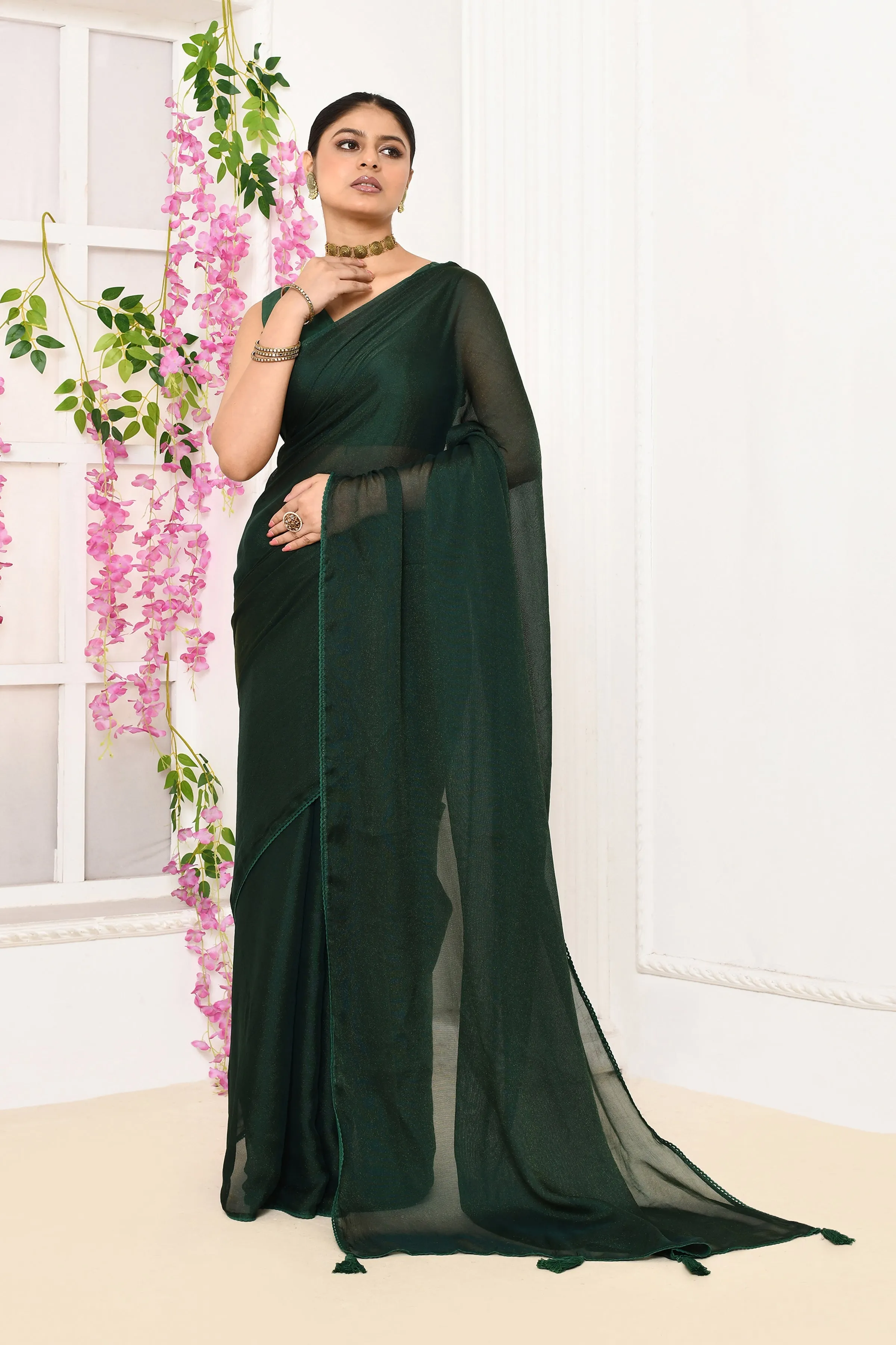 Bottle Green Plain Chiffon Tissue Saree