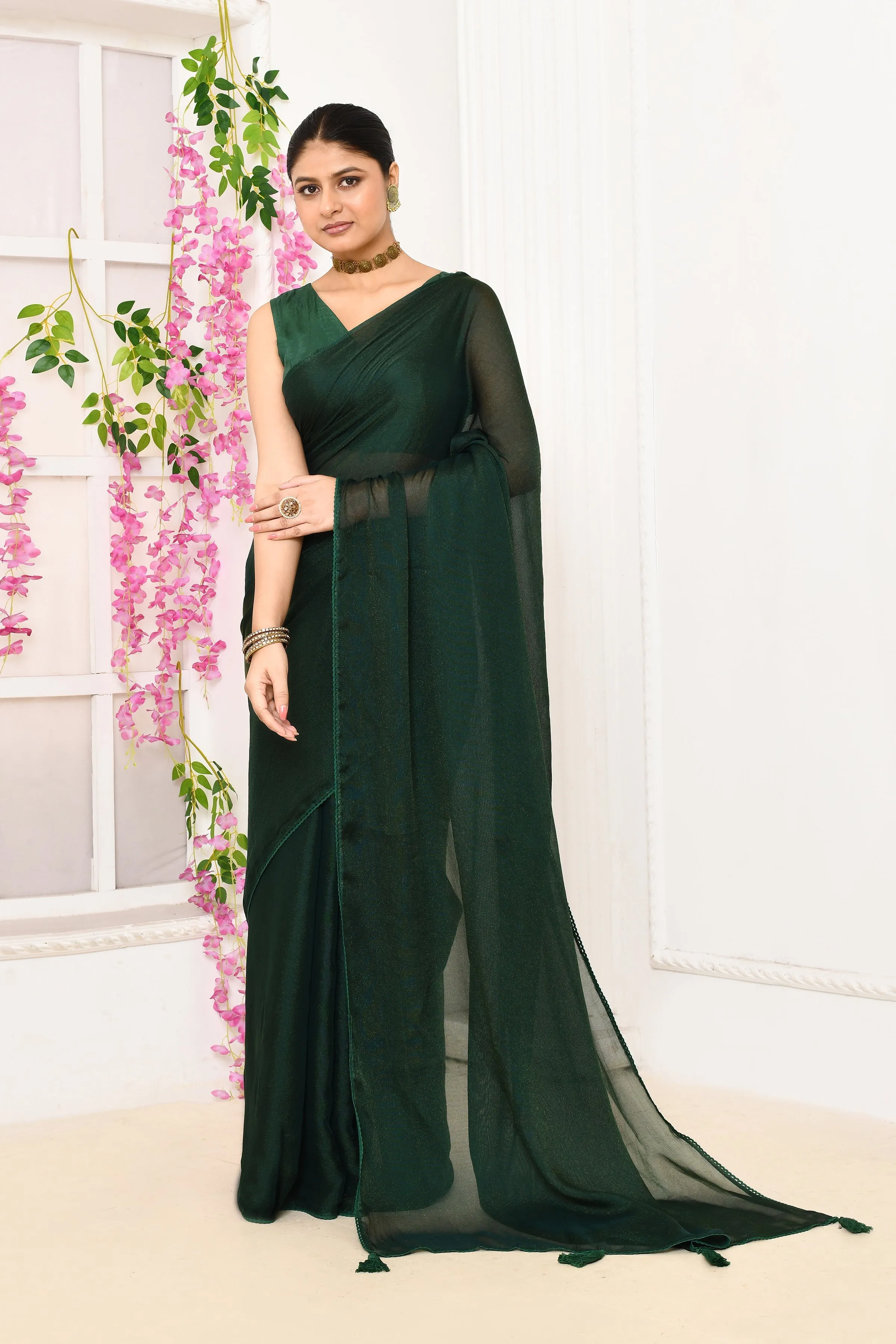 Bottle Green Plain Chiffon Tissue Saree