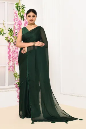 Bottle Green Plain Chiffon Tissue Saree