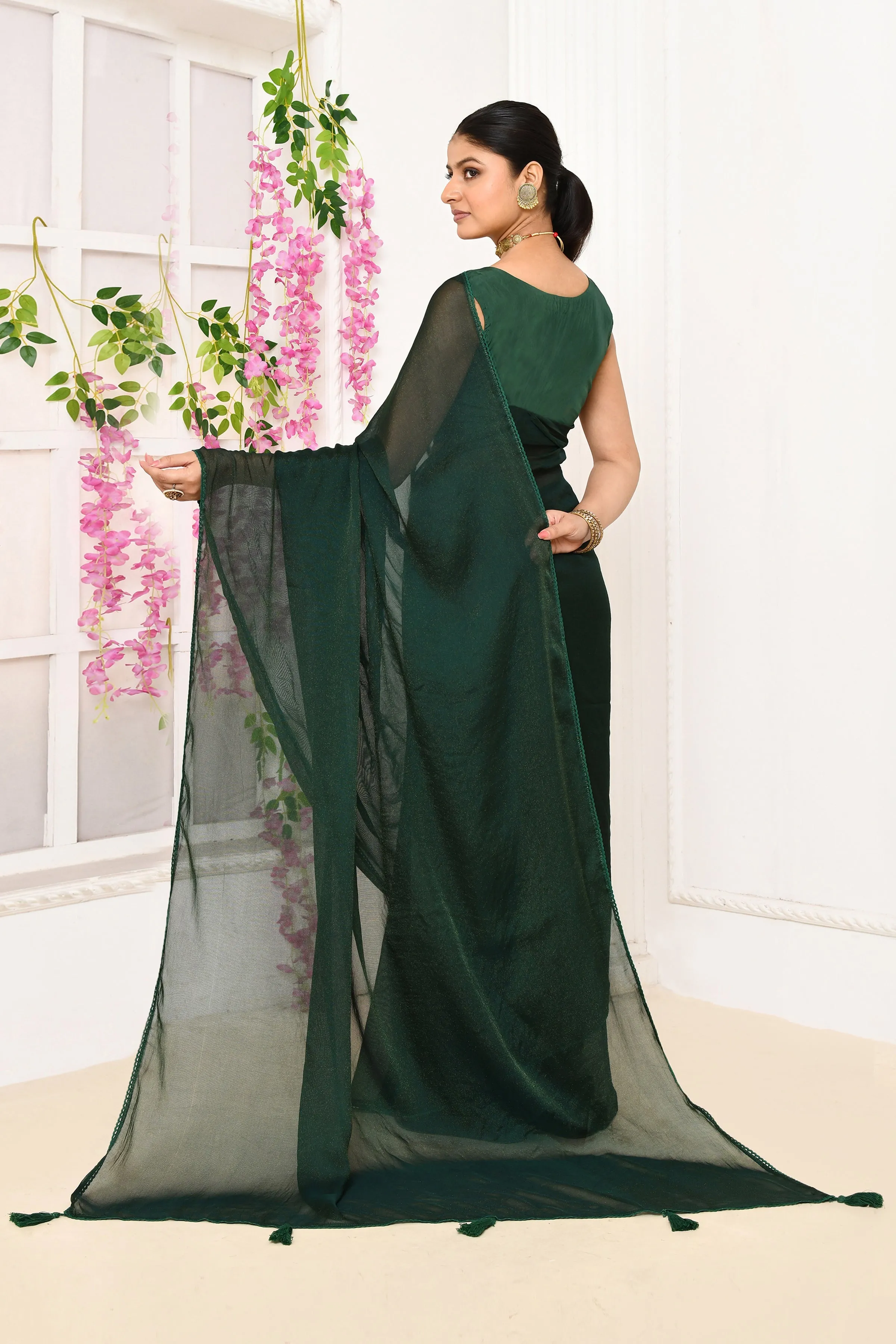 Bottle Green Plain Chiffon Tissue Saree