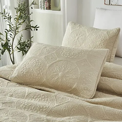 Brandream Beige Medallion Quilted Pillow Shams King Size Set of 2 Cotton Decorative Pillow Covers Matelasse Farmhouse Bedding