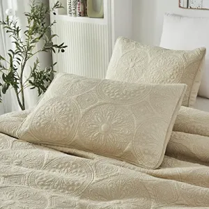 Brandream Beige Medallion Quilted Pillow Shams King Size Set of 2 Cotton Decorative Pillow Covers Matelasse Farmhouse Bedding