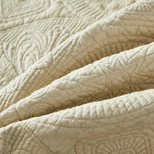 Brandream Beige Medallion Quilted Pillow Shams King Size Set of 2 Cotton Decorative Pillow Covers Matelasse Farmhouse Bedding