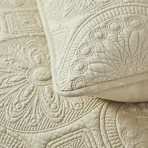 Brandream Beige Medallion Quilted Pillow Shams King Size Set of 2 Cotton Decorative Pillow Covers Matelasse Farmhouse Bedding