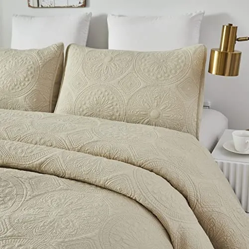 Brandream Beige Medallion Quilted Pillow Shams King Size Set of 2 Cotton Decorative Pillow Covers Matelasse Farmhouse Bedding