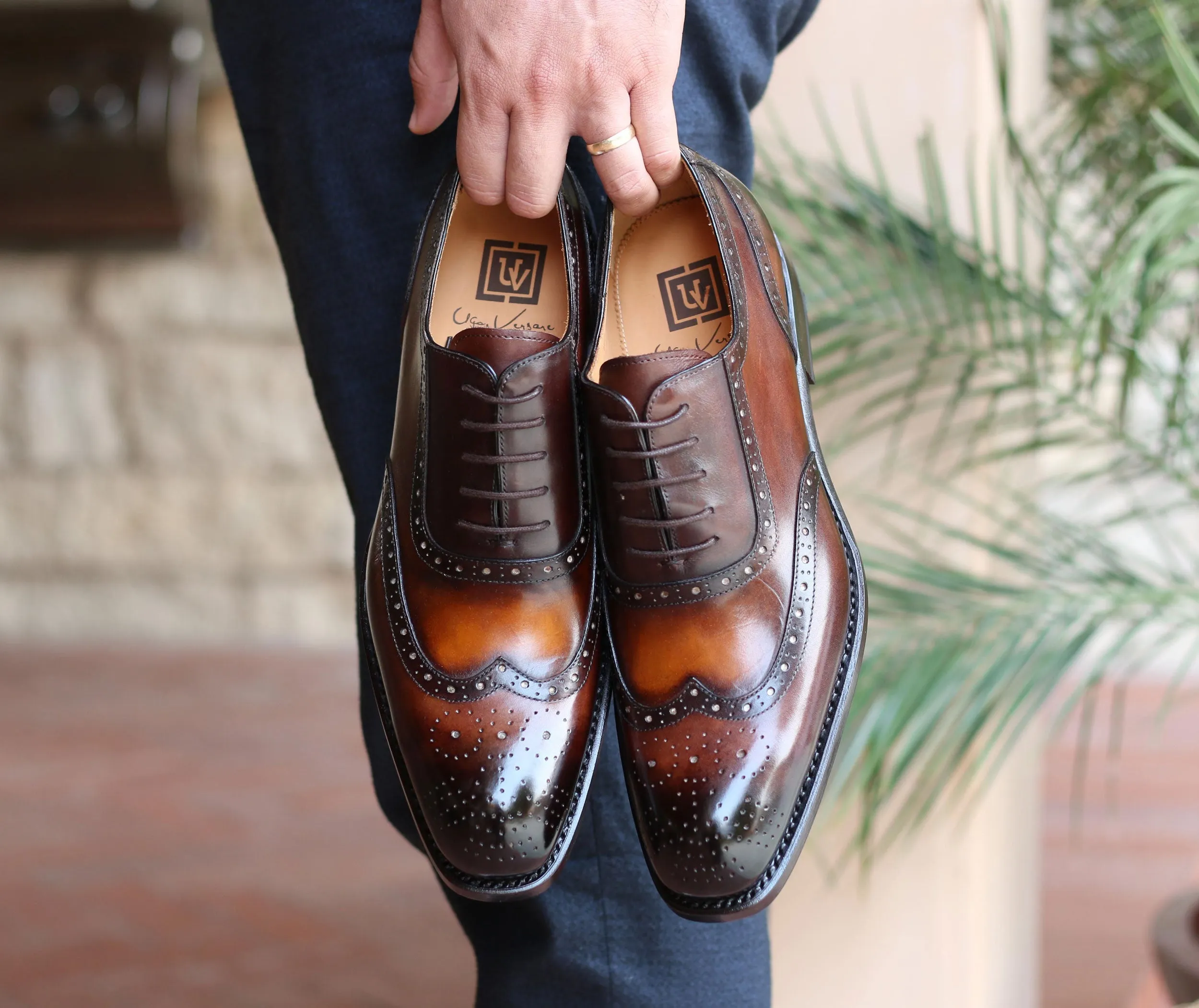 Burnished Calfskin Wingtip Spectator Oxford Cognac