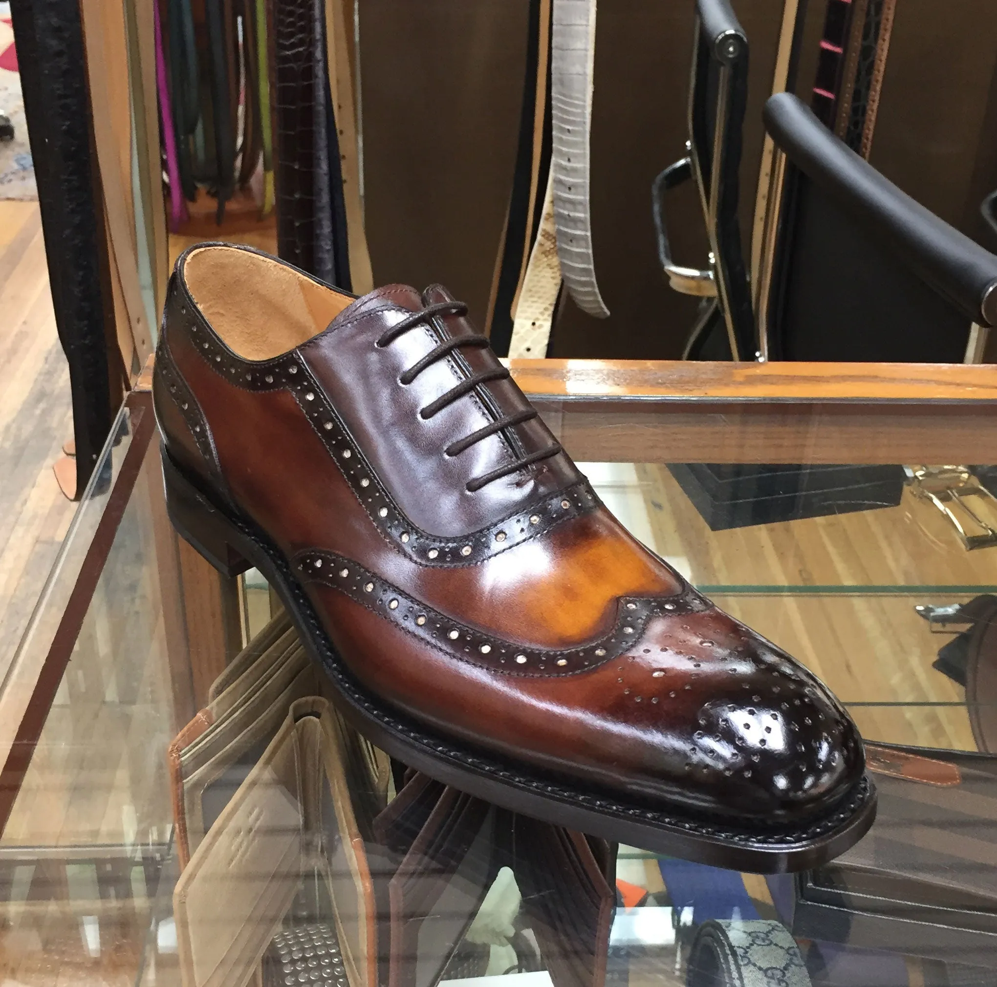 Burnished Calfskin Wingtip Spectator Oxford Cognac