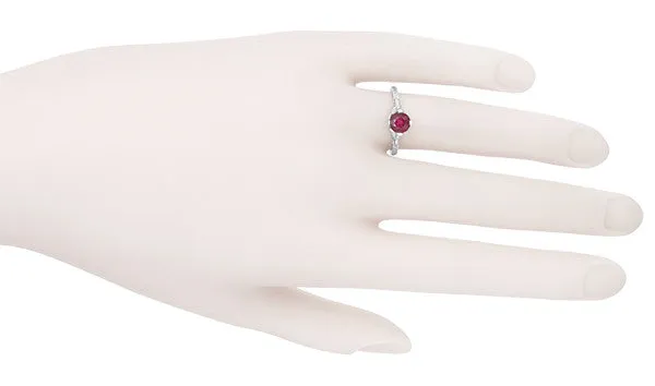 Carved Flowers Antique Inspired Filigree Art Deco Ruby Promise Ring in Sterling Silver
