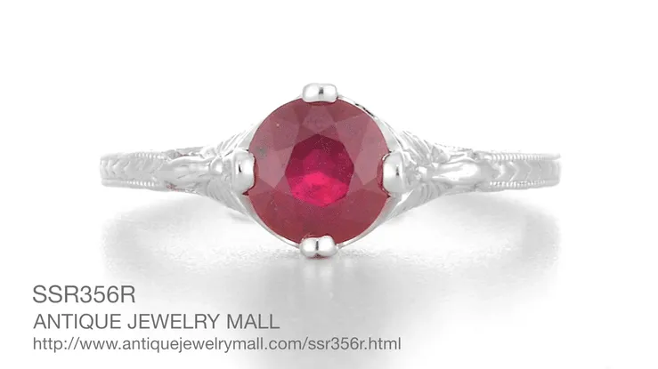 Carved Flowers Antique Inspired Filigree Art Deco Ruby Promise Ring in Sterling Silver