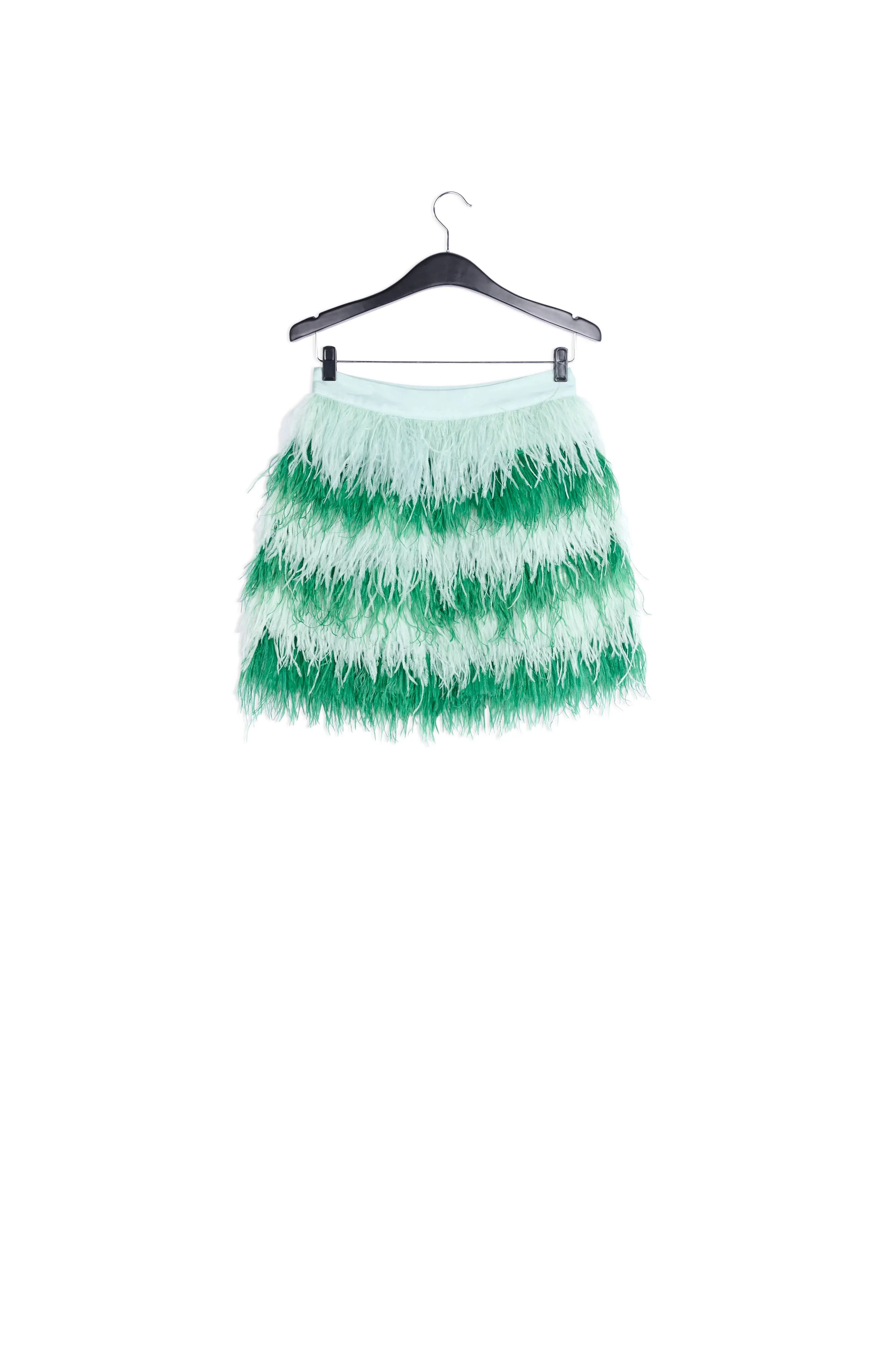 Dark green and mint green feather-embellished mini skirt