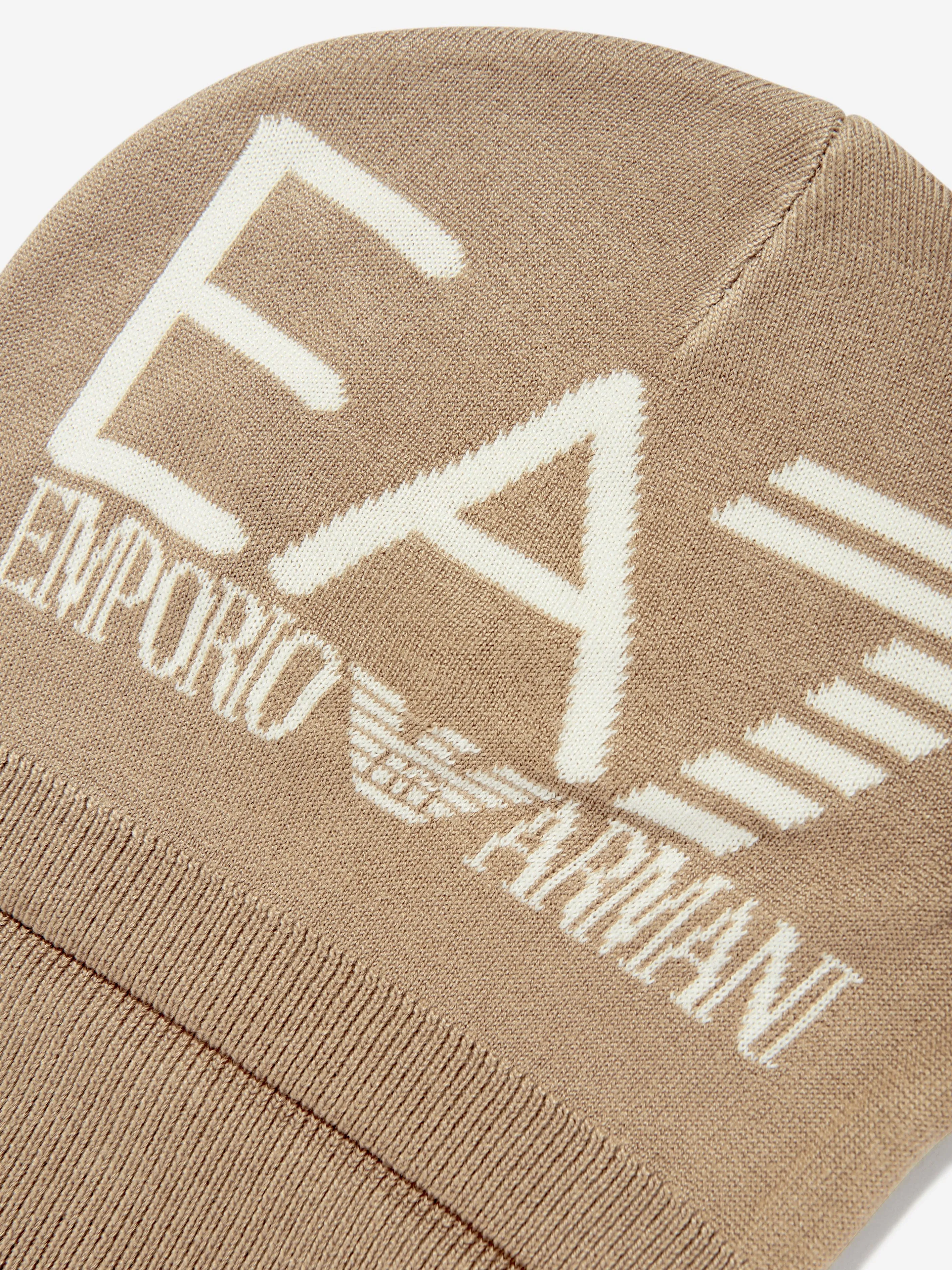 EA7 Emporio Armani Kids Logo Beanie Hat in Beige