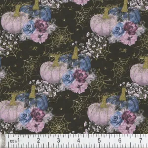 Elegant Pumpkins on Gold Webs Fabric - Gray