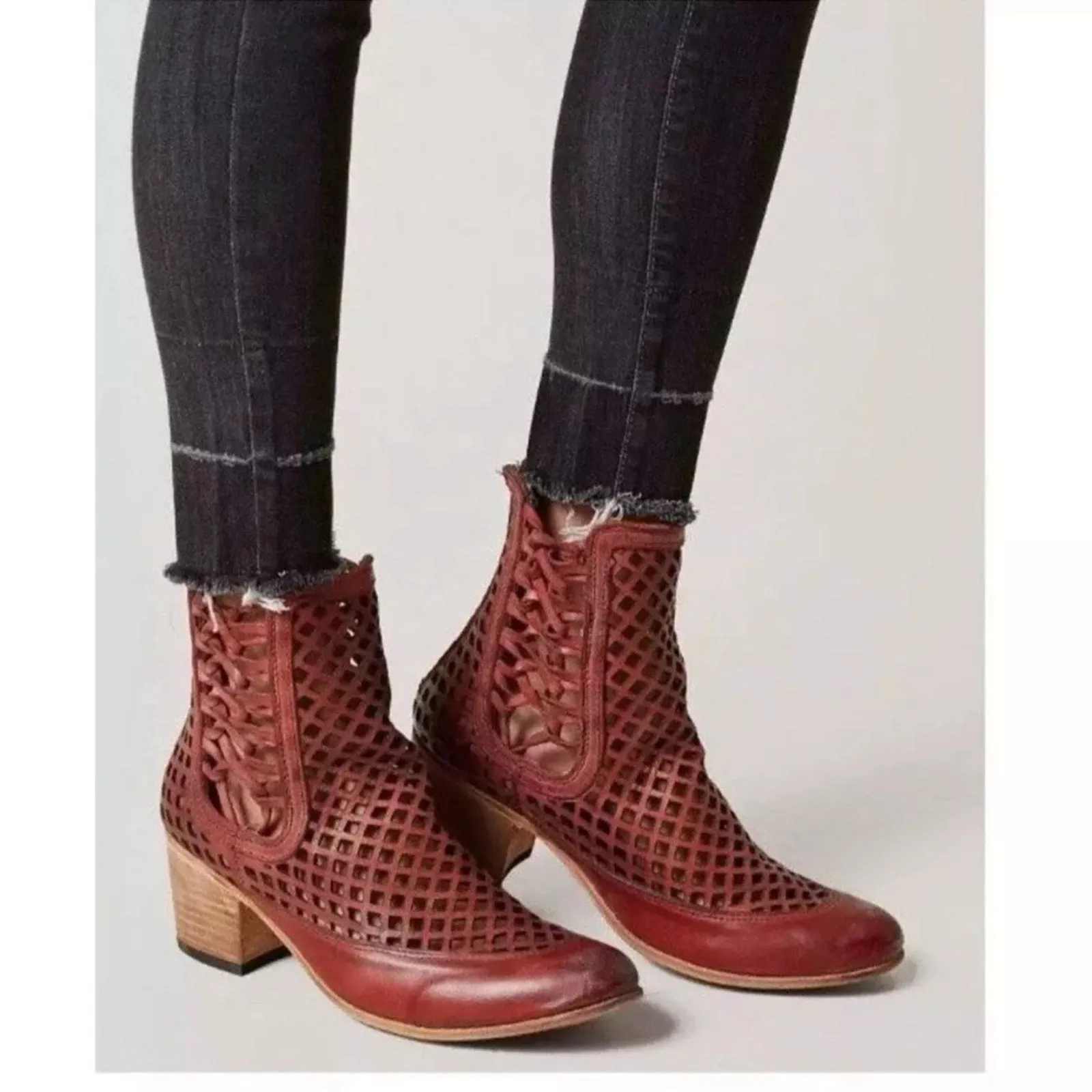 Freebird by Steven Lazor Chunky Heel Ankle Booties with Lattice Design
