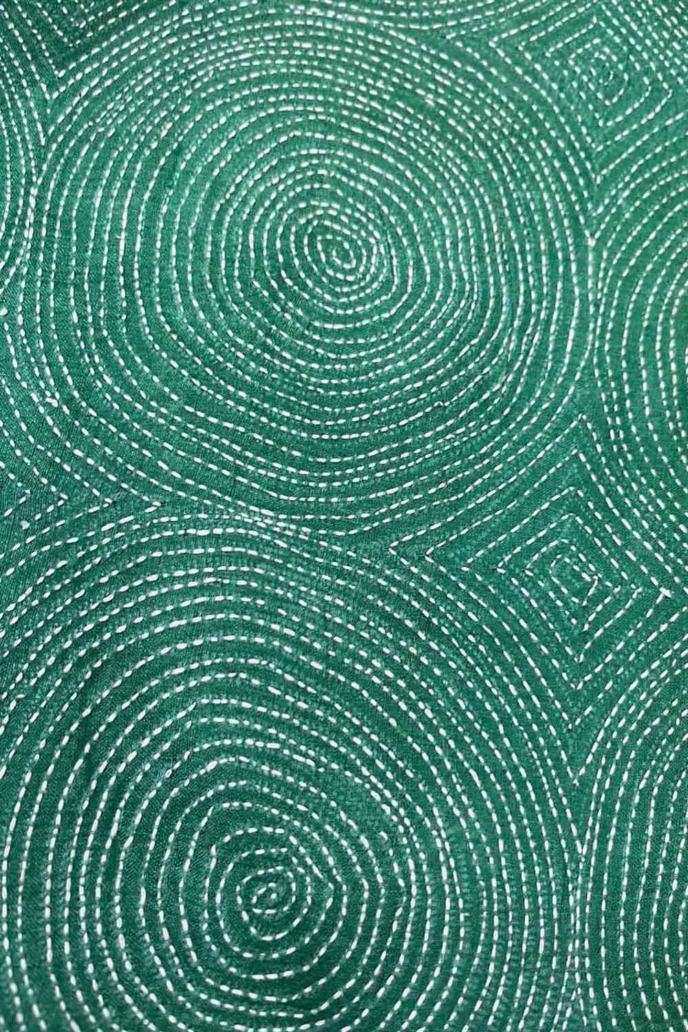 Green Kantha Hand Embroidered Pure Tussar Silk Fabric ( 1 Mtr )