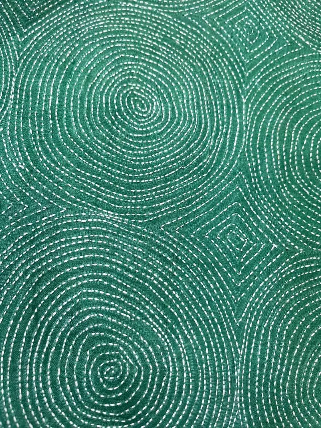 Green Kantha Hand Embroidered Pure Tussar Silk Fabric ( 1 Mtr )