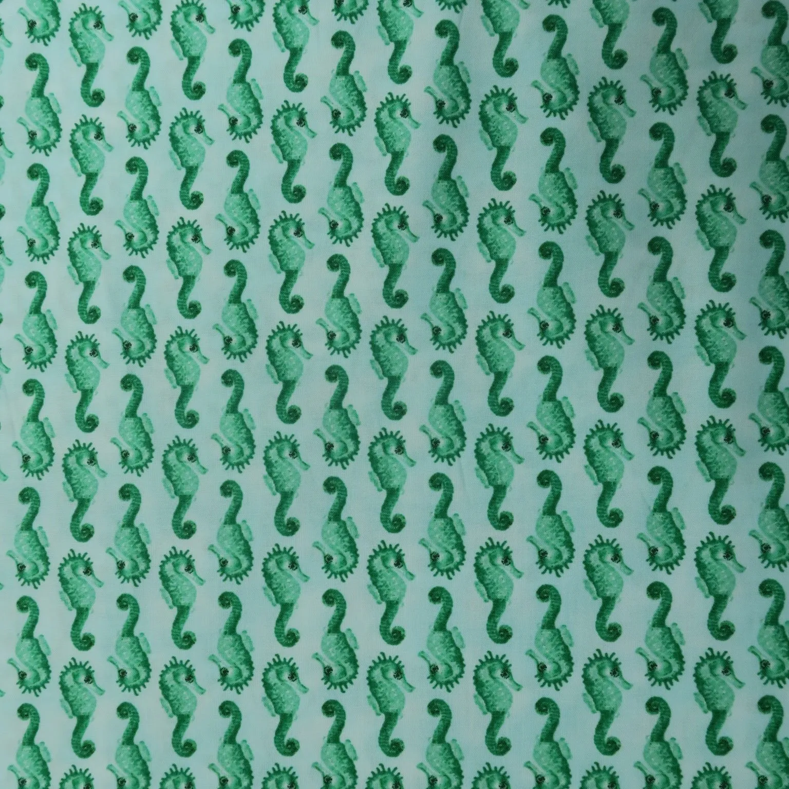 Green Seahorses on White Background Printed Cotton