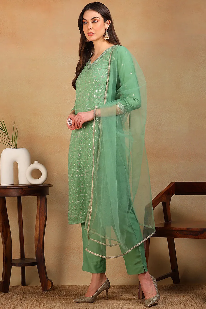 Green Silk Blend Solid Embroidered 3-Piece Kurta Set