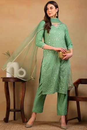 Green Silk Blend Solid Embroidered 3-Piece Kurta Set