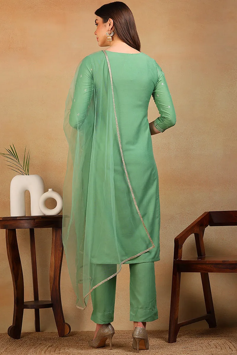 Green Silk Blend Solid Embroidered 3-Piece Kurta Set