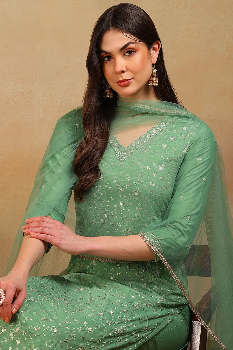 Green Silk Blend Solid Embroidered 3-Piece Kurta Set