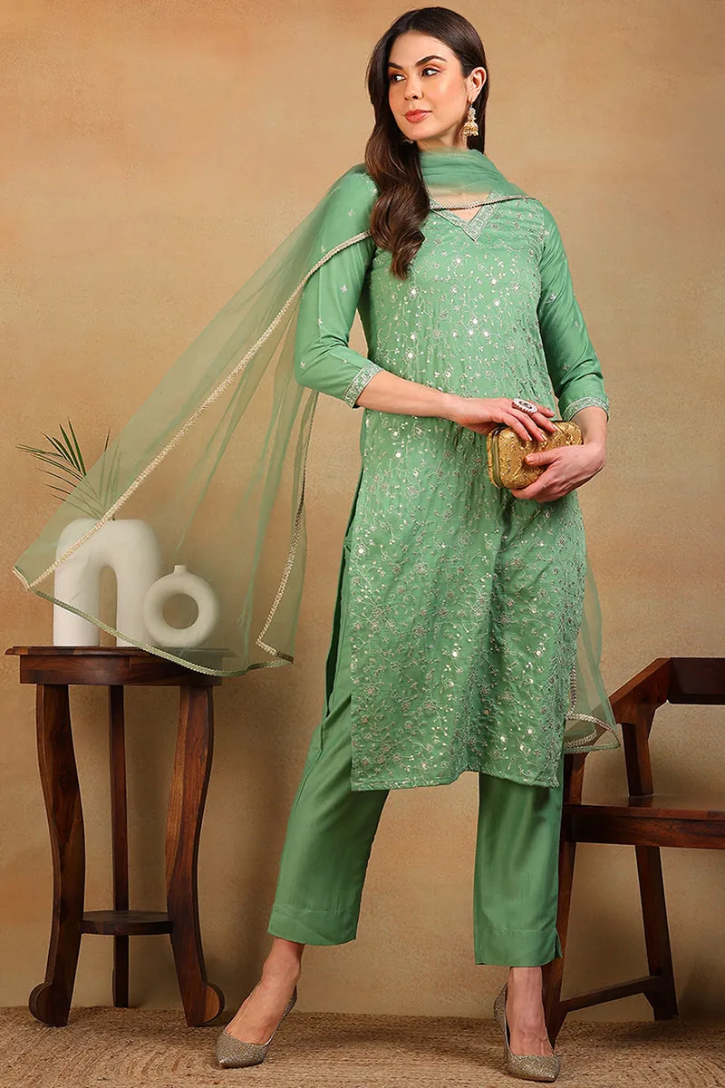 Green Silk Blend Solid Embroidered 3-Piece Kurta Set