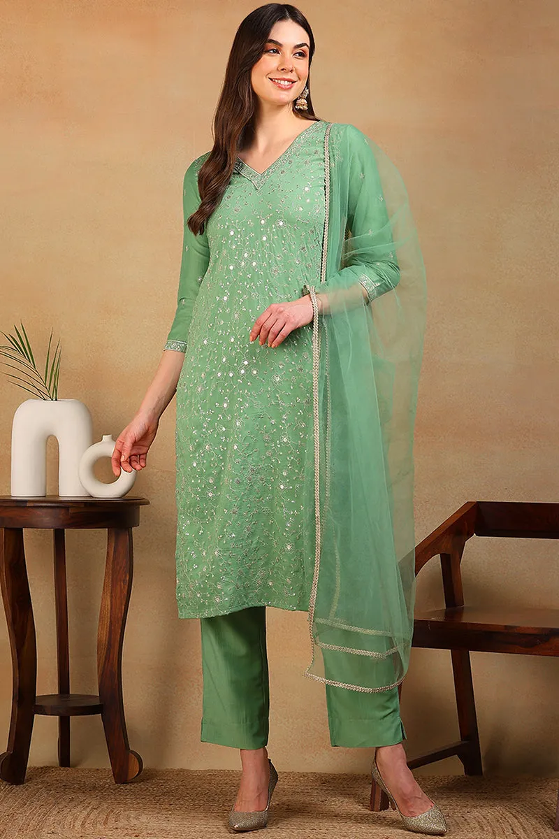 Green Silk Blend Solid Embroidered 3-Piece Kurta Set