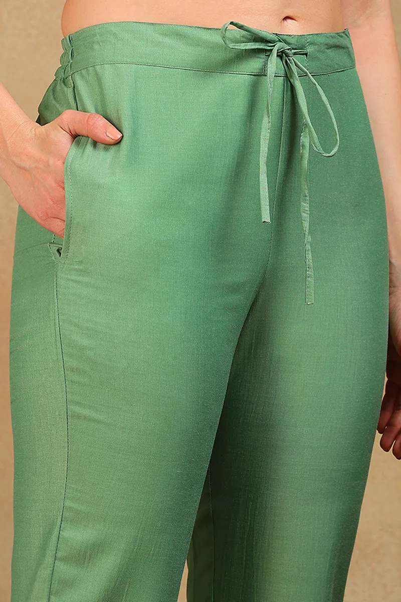 Green Silk Blend Solid Embroidered 3-Piece Kurta Set