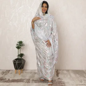 Light Blue Sudanese Thobe Fabric in Pure Silk Chiffon with Metallic Lurex and Jacquard, 4.5 Meters, 110 cm Width-D20409