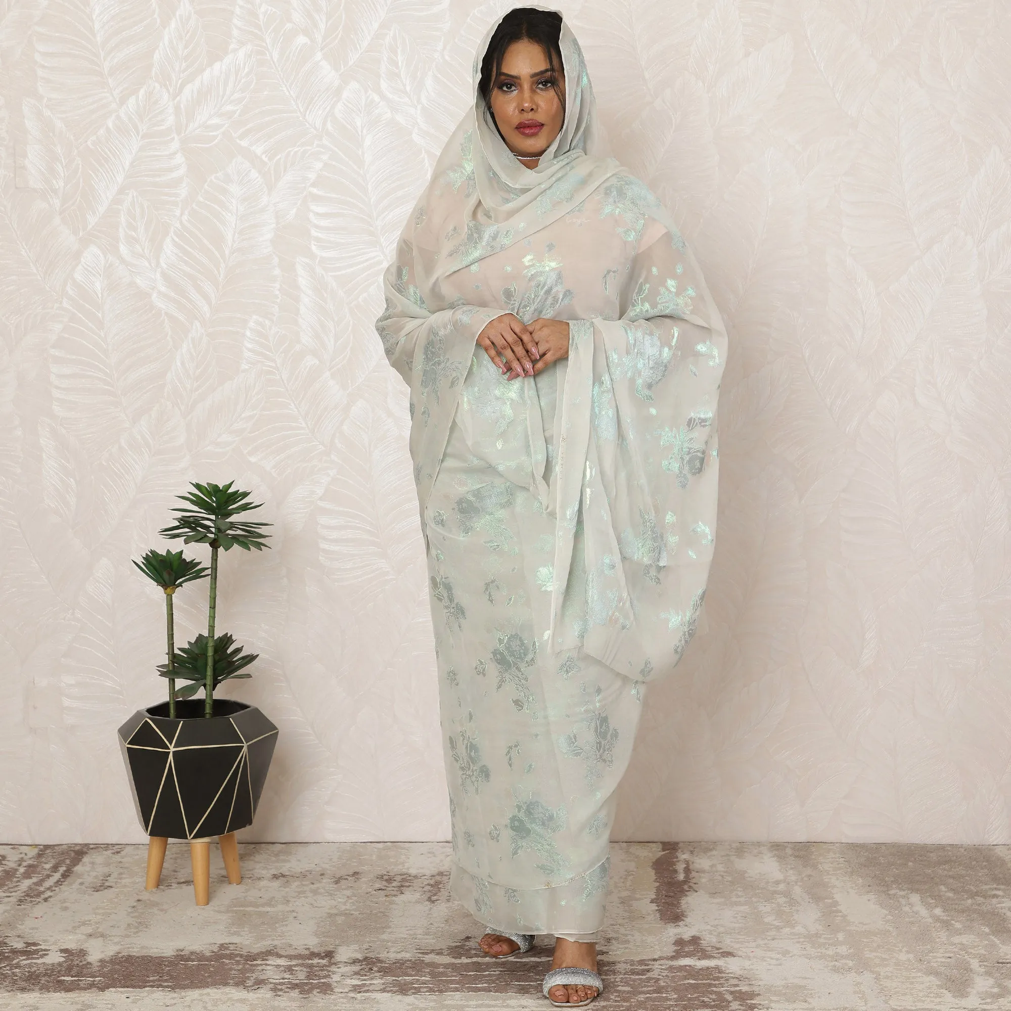 Light Grey Sudanese Thobe Fabric in Silk Chiffon with Metallic Lurex, 4.5 Meters, 110 cm Width-D20360