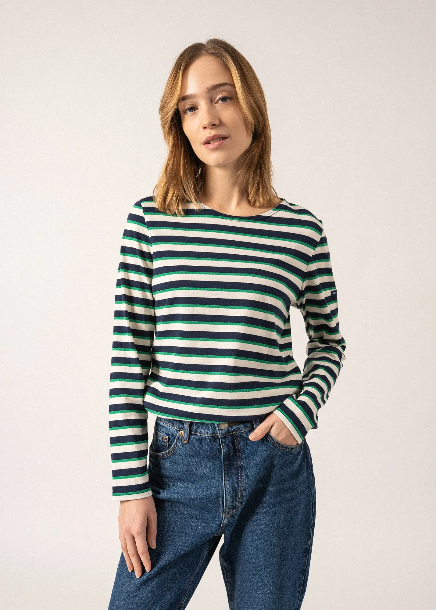 MINQUIDAME LUREX - Tri-color Breton Shirt for Women | Lightweight Cotton (NAVY / IVORY / GREEN)