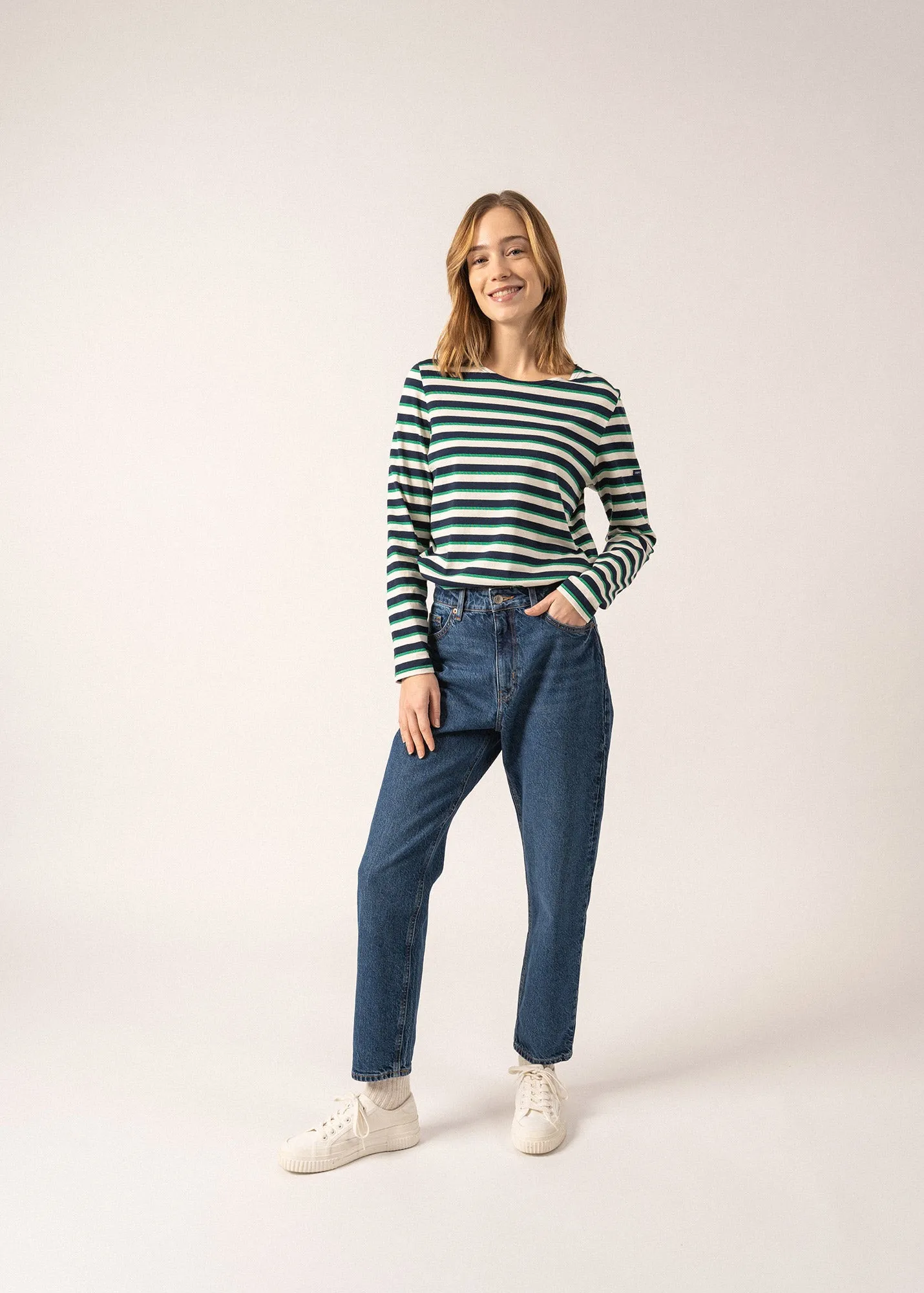 MINQUIDAME LUREX - Tri-color Breton Shirt for Women | Lightweight Cotton (NAVY / IVORY / GREEN)