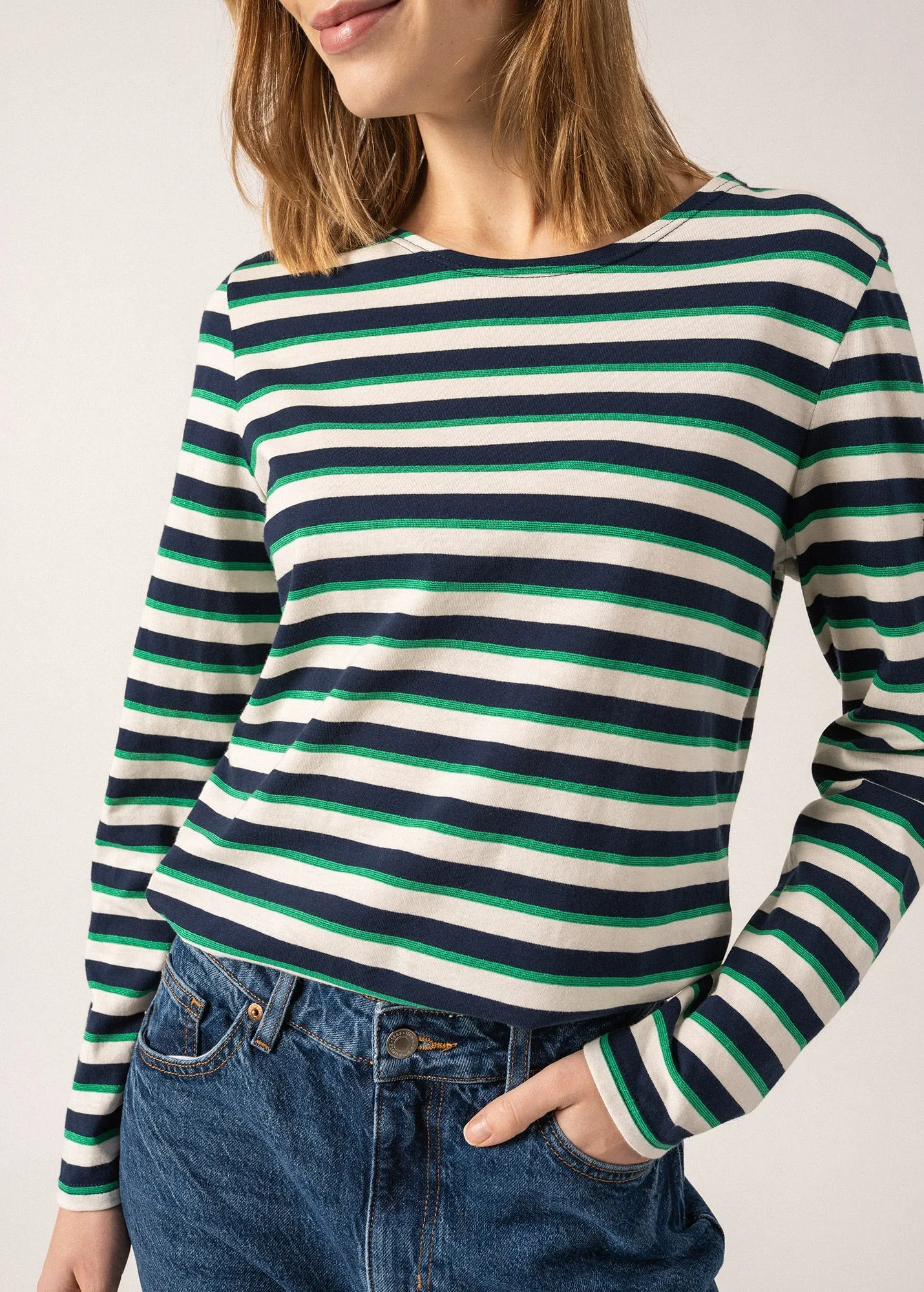 MINQUIDAME LUREX - Tri-color Breton Shirt for Women | Lightweight Cotton (NAVY / IVORY / GREEN)