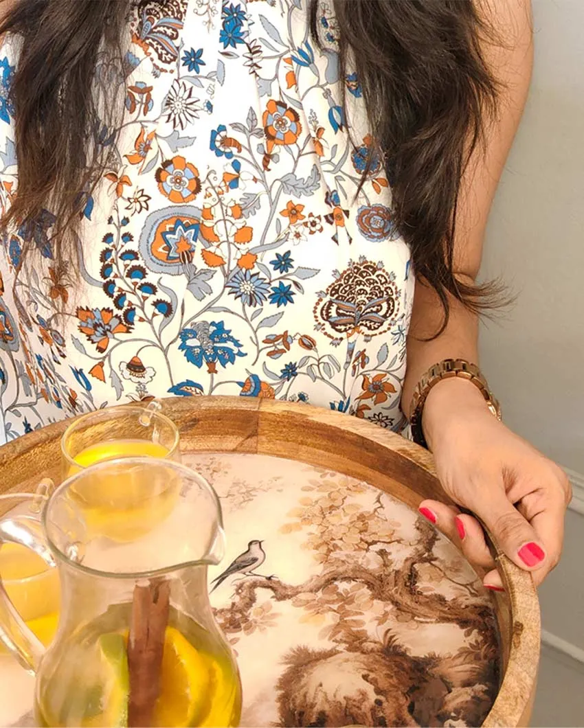 Modern Handmade Mango Wood Printed Tray | 14 inches | Only Round Tray"