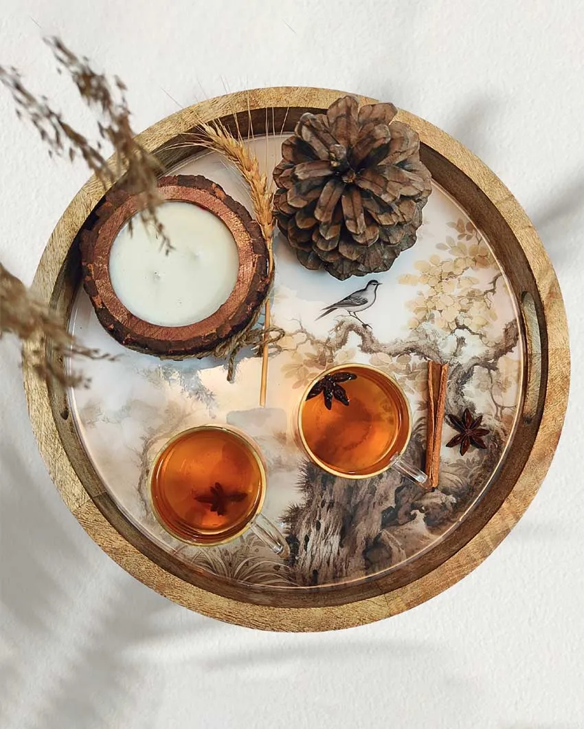 Modern Handmade Mango Wood Printed Tray | 14 inches | Only Round Tray"