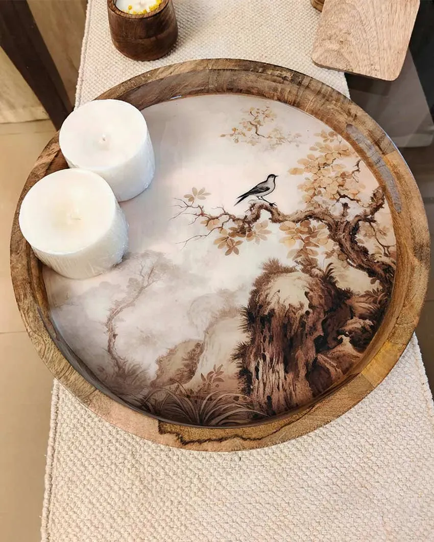 Modern Handmade Mango Wood Printed Tray | 14 inches | Only Round Tray"