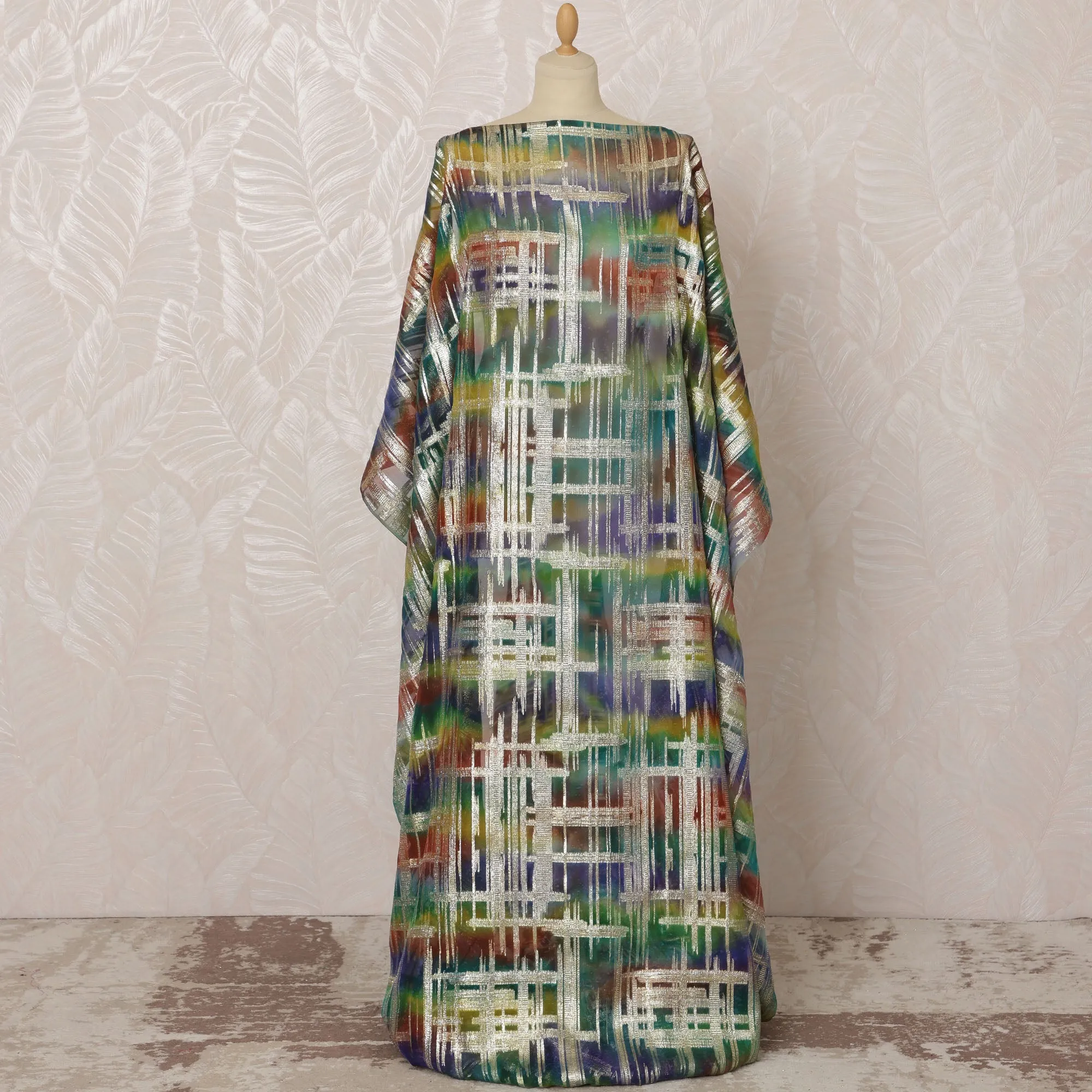 Multicolor Green, Red, and Blue Somali Silk Chiffon Dirac Fabric with Metallic Lurex, 3.5 Meters, 140 cm Width-D20879