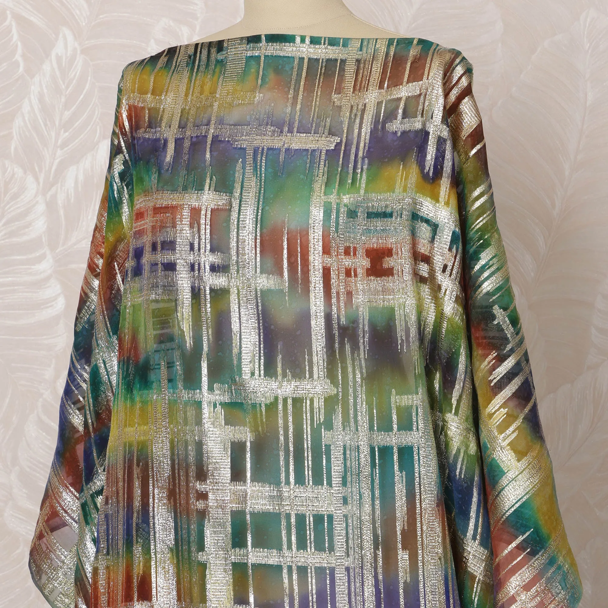 Multicolor Green, Red, and Blue Somali Silk Chiffon Dirac Fabric with Metallic Lurex, 3.5 Meters, 140 cm Width-D20879