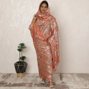 Orange Sudanese Thobe Fabric in Pure Silk Chiffon with Metallic Foil and Jacquard, 4.5 Meters, 110 cm Width-D20415